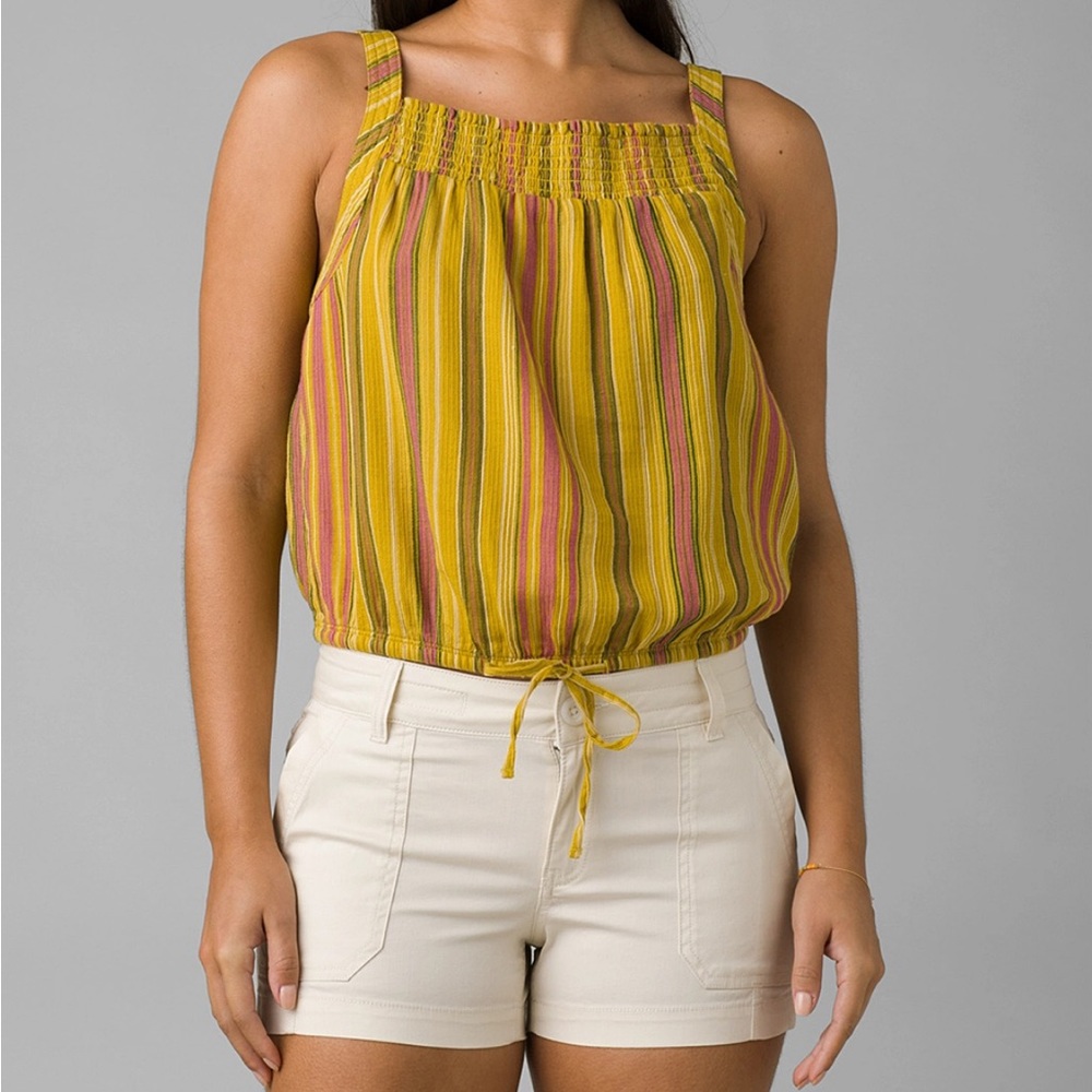 Prana Yellow Striped Smocked Tank Top